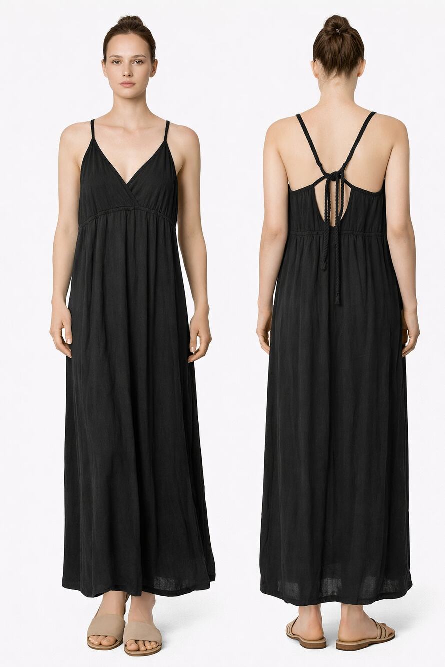 Old Navy Black Maxi Dress Braided Strappy Tie Back Boho Rayon Size M - Picture 1 of 6